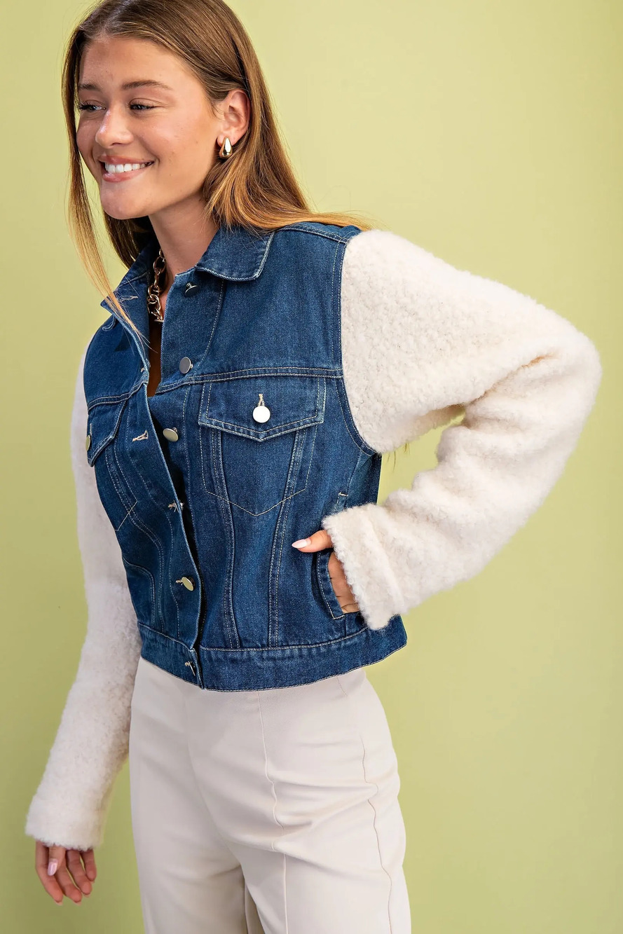 TG-1900 | Gigio Denim Jacket | Sherpa Sleeves | Dark Wash | Sizes S-L - Picture 4 of 5